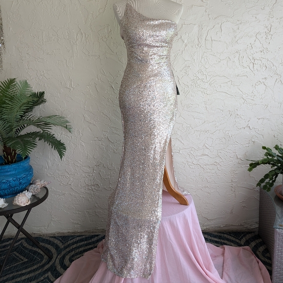 Champagne Sequin Gown, One-Shouldered Spaghetti Strap w/ Sweep Train by B. Smart - Picture 2 of 16